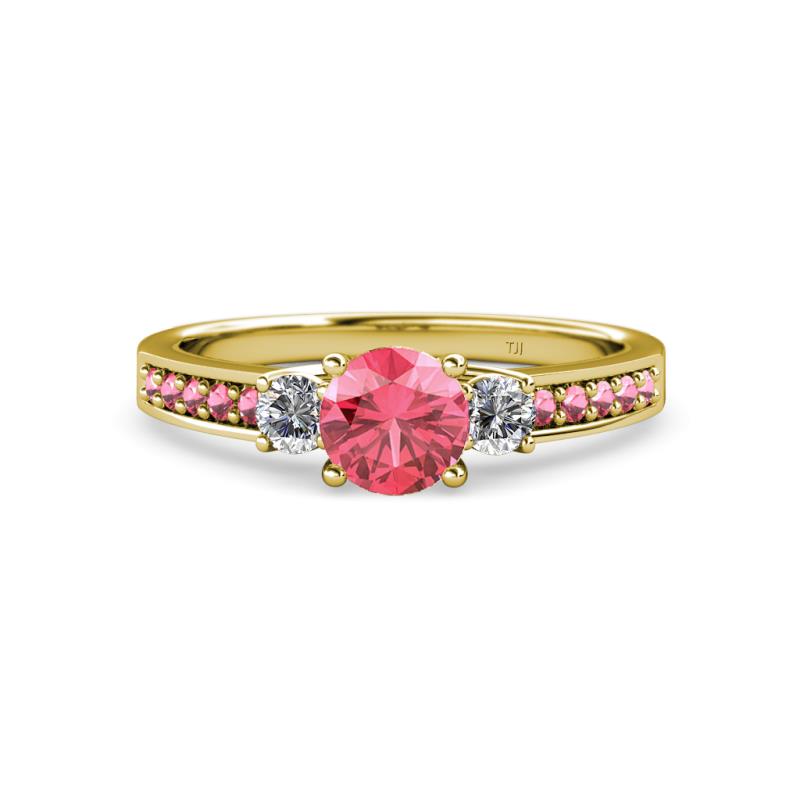 Dzeni 1.30 ctw Pink Tourmaline and Side Natural Diamond with Accented Pink Tourmaline Three Stone Engagement Ring  