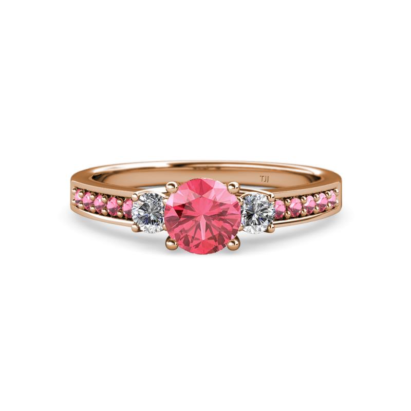 Dzeni 1.30 ctw Pink Tourmaline and Side Natural Diamond with Accented Pink Tourmaline Three Stone Engagement Ring  