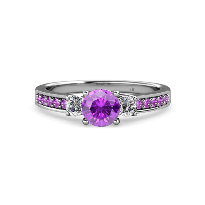 Dzeni 1.30 ctw Amethyst and Side Natural Diamond with Accented Amethyst Three Stone Engagement Ring  