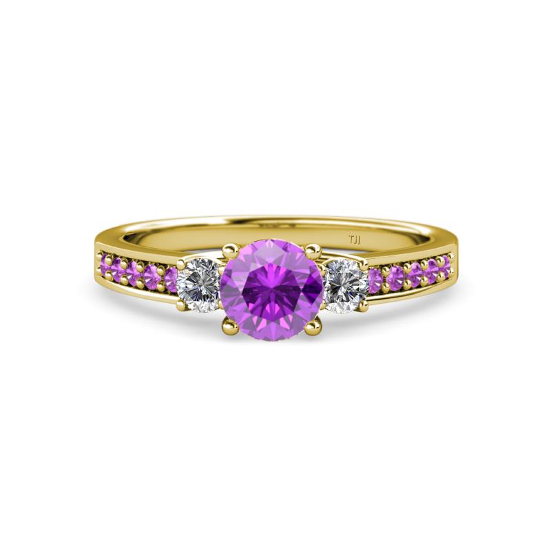 Dzeni 1.30 ctw Amethyst and Side Natural Diamond with Accented Amethyst Three Stone Engagement Ring  
