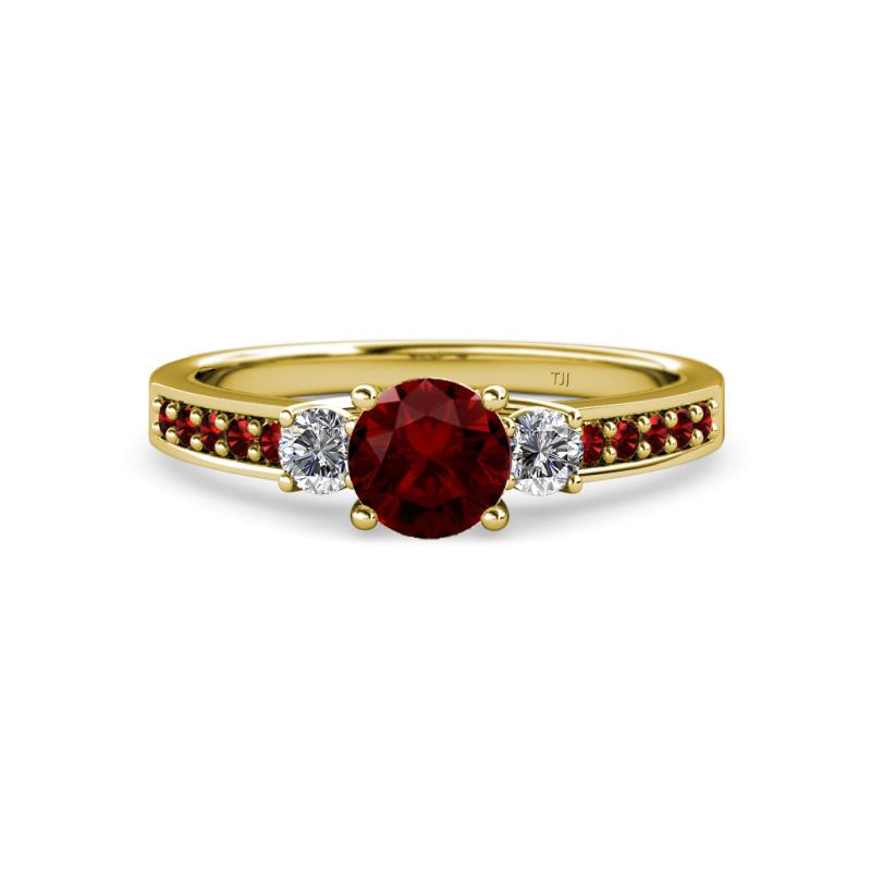 Dzeni 1.51 ctw Red Garnet and Side Natural Diamond with Accented Red Garnet Three Stone Engagement Ring  