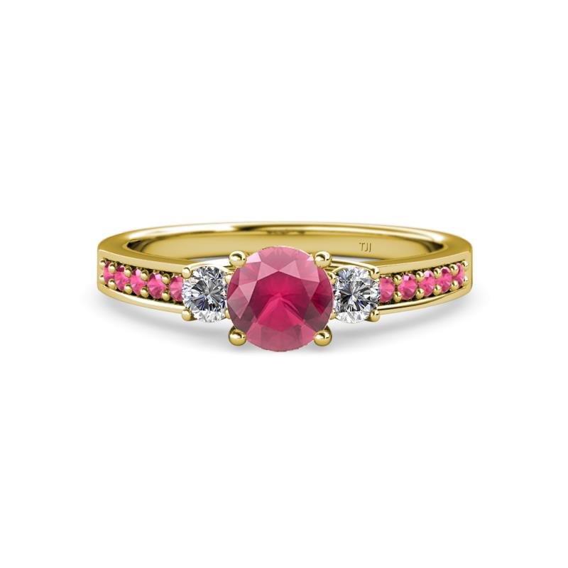 Dzeni 1.46 ctw Rhodolite Garnet and Side Natural Diamond with Accented Rhodolite Garnet Three Stone Engagement Ring  