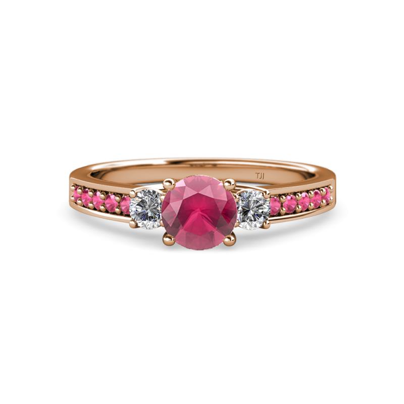 Dzeni 1.46 ctw Rhodolite Garnet and Side Natural Diamond with Accented Rhodolite Garnet Three Stone Engagement Ring  