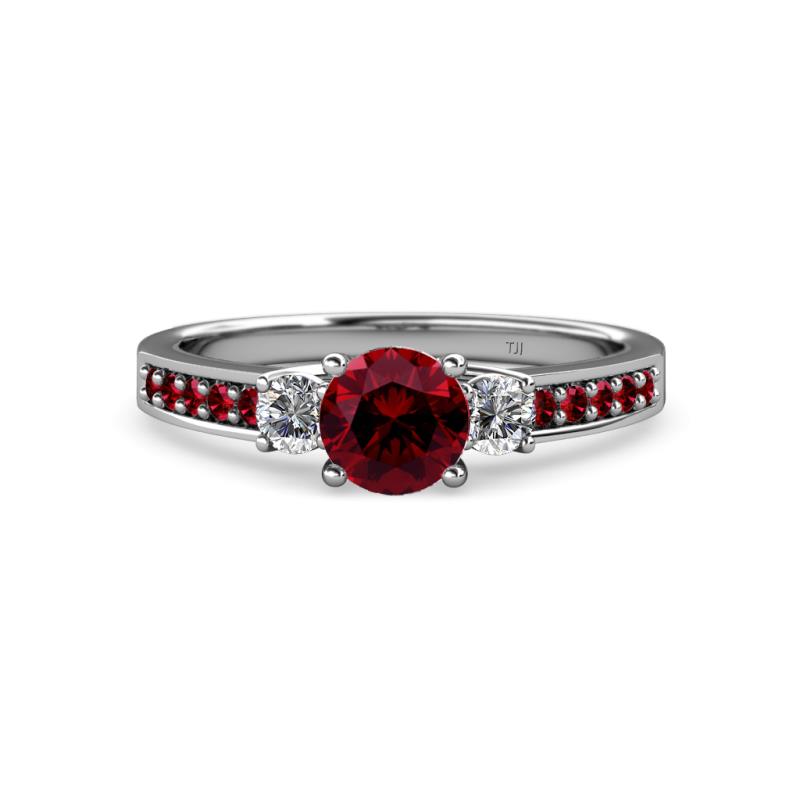 Dzeni 1.41 ctw Ruby and Side Natural Diamond with Accented Ruby Three Stone Engagement Ring  