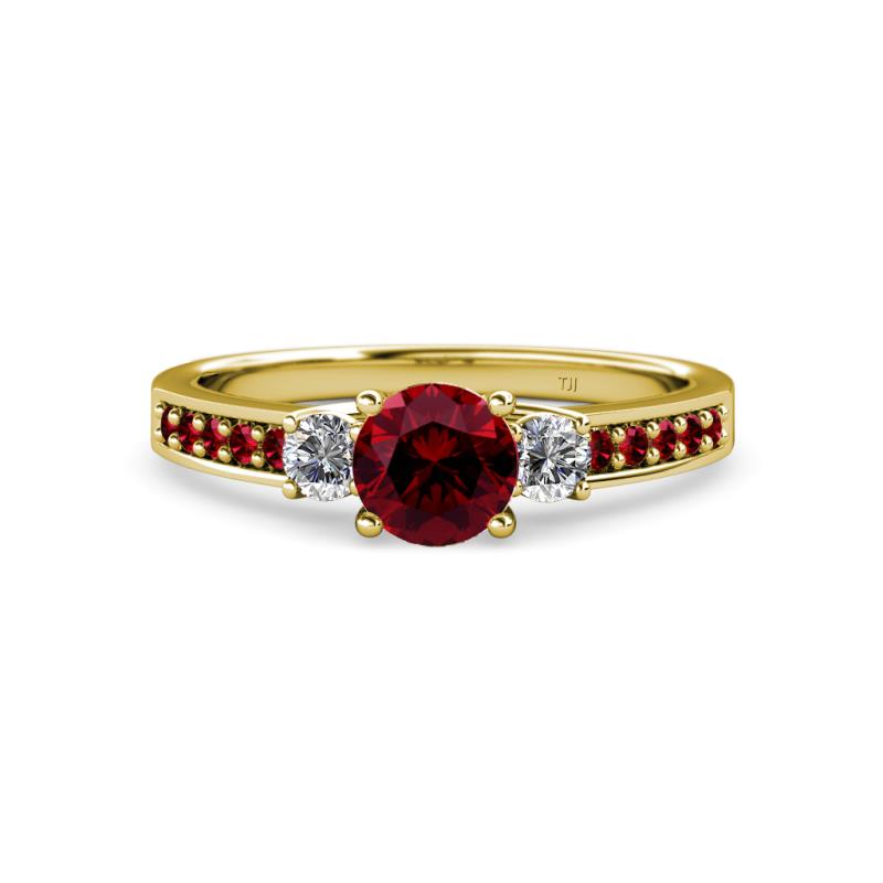 Dzeni 1.41 ctw Ruby and Side Natural Diamond with Accented Ruby Three Stone Engagement Ring  