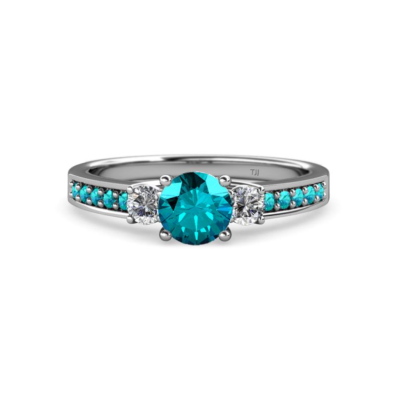 Dzeni 1.39 ctw London Blue Topaz and Side Natural Diamond with Accented London Blue Topaz Three Stone Engagement Ring  