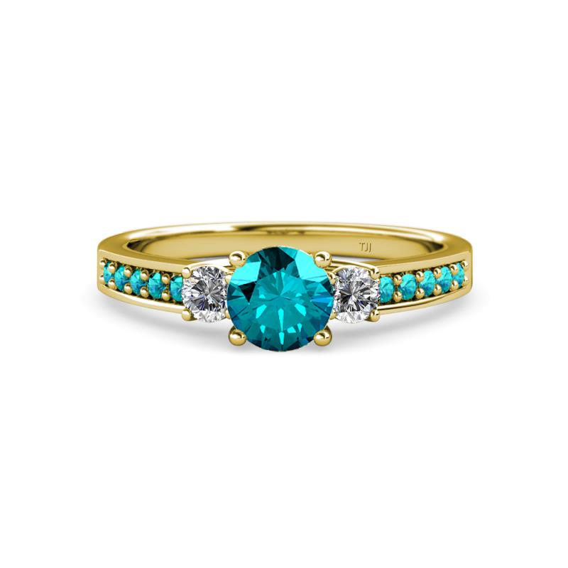 Dzeni 1.39 ctw London Blue Topaz and Side Natural Diamond with Accented London Blue Topaz Three Stone Engagement Ring  