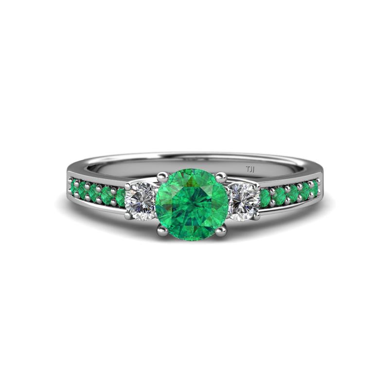 Dzeni 1.23 ctw Emerald and Side Natural Diamond with Accented Emerald Three Stone Engagement Ring  