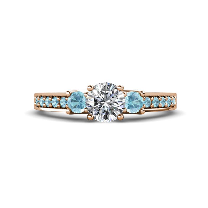Valene Diamond and Aquamarine Three Stone with Side Aquamarine Ring 
