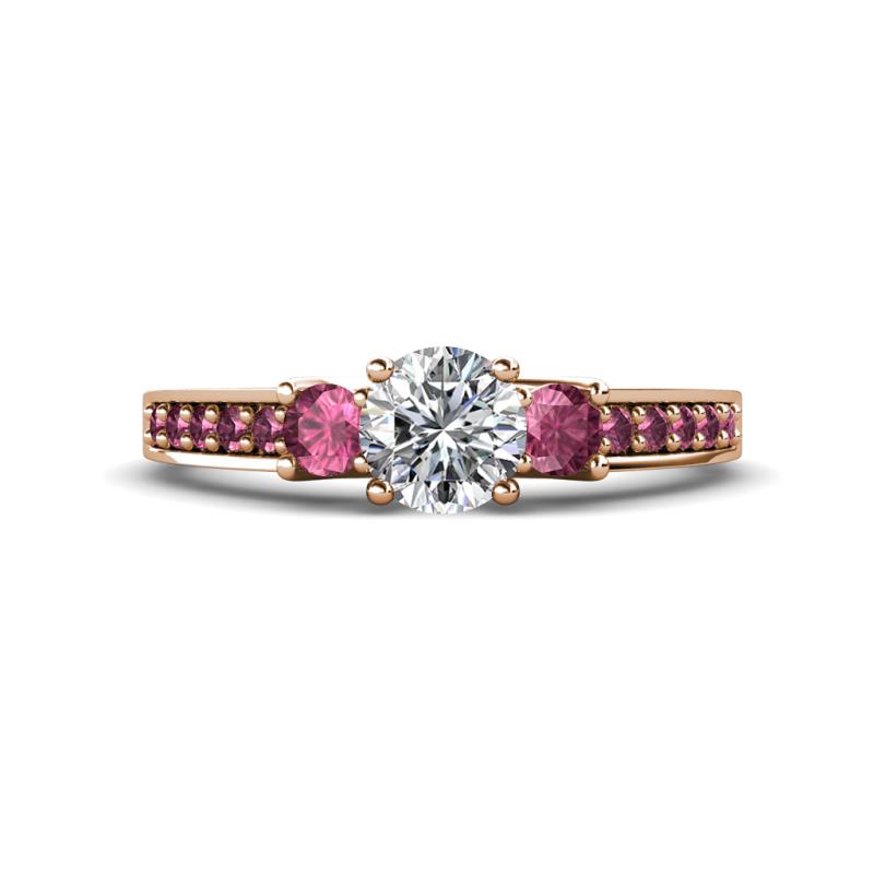 Valene Diamond and Pink Tourmaline Three Stone with Side Pink Tourmaline Ring 