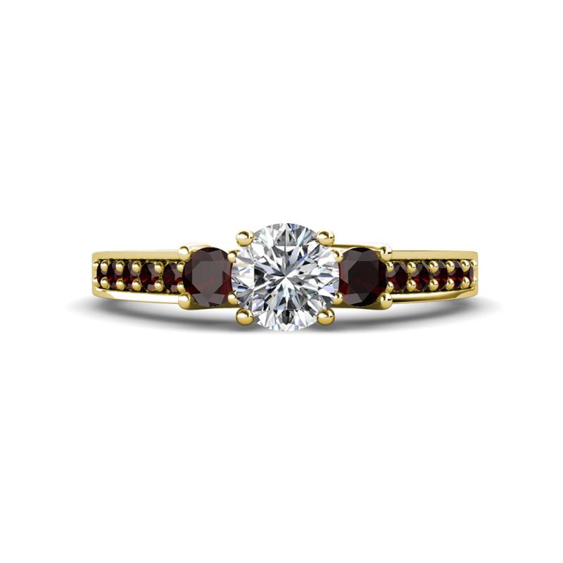 Valene Diamond and Red Garnet Three Stone with Side Red Garnet Ring 