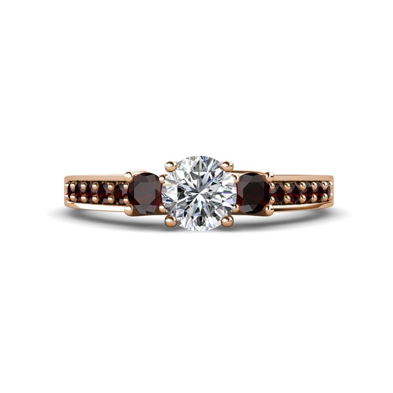 Valene Diamond and Red Garnet Three Stone with Side Red Garnet Ring 