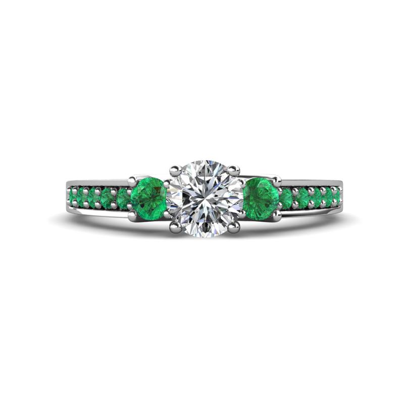 Valene Diamond and Emerald Three Stone with Side Emerald Ring 
