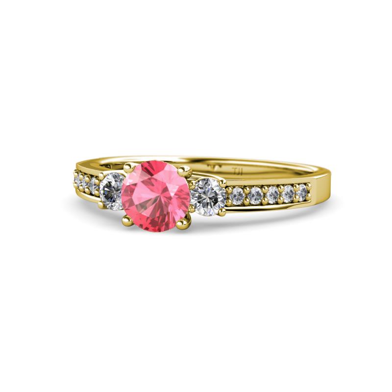 Dzeni Pink Tourmaline and Diamond Three Stone with Side Diamond Ring  