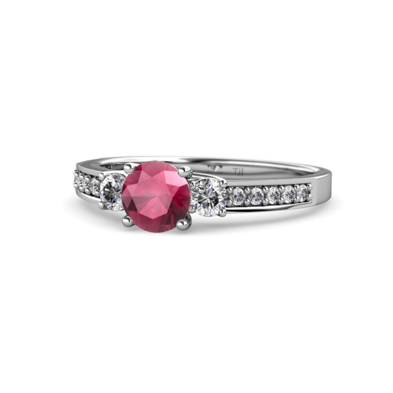 Dzeni Rhodolite Garnet and Diamond Three Stone with Side Diamond Ring  