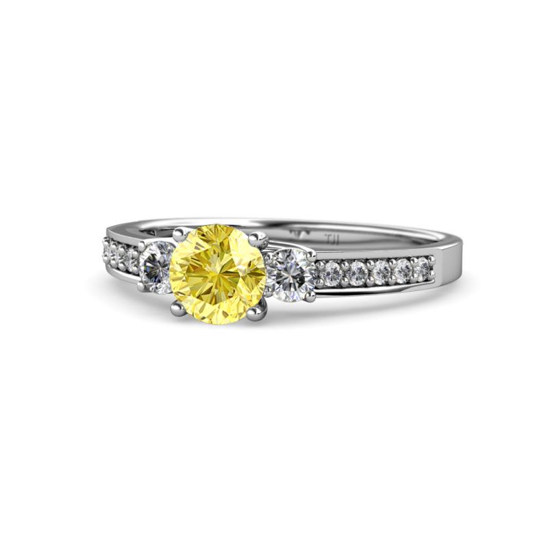 Dzeni Yellow Sapphire and Diamond Three Stone with Side Diamond Ring  