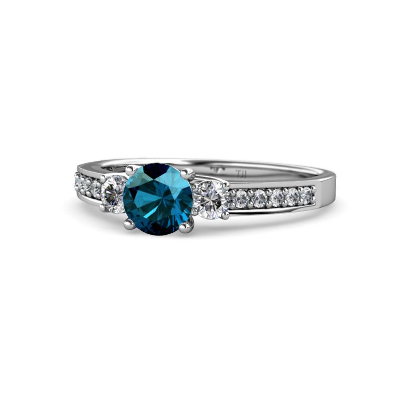 Dzeni Blue and White Diamond Three Stone with Side Diamond Ring  