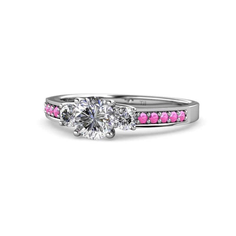 Dzeni Diamond Three Stone with Side Pink Sapphire Ring 
