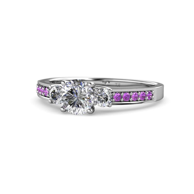 Dzeni Diamond Three Stone with Side Amethyst Ring 