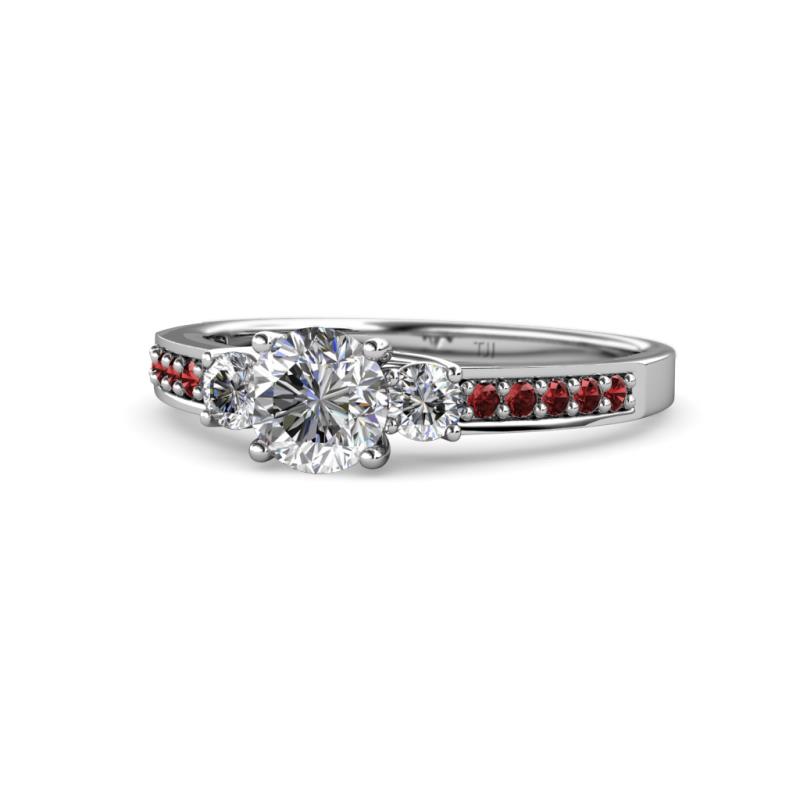 Dzeni Diamond Three Stone with Side Red Garnet Ring 