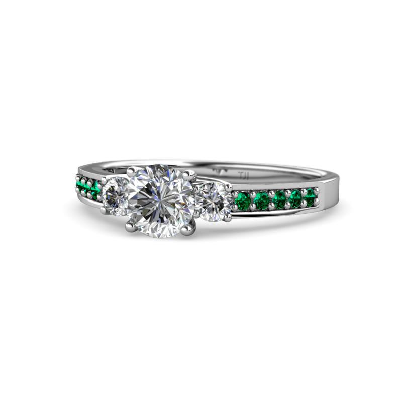Dzeni Diamond Three Stone with Side Emerald Ring 