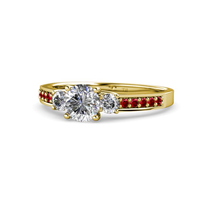 Dzeni Diamond Three Stone with Side Ruby Ring 