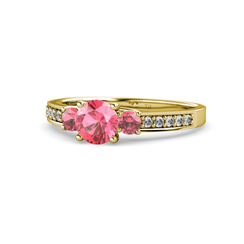 Dzeni Pink Tourmaline Three Stone with Side Diamond Ring 