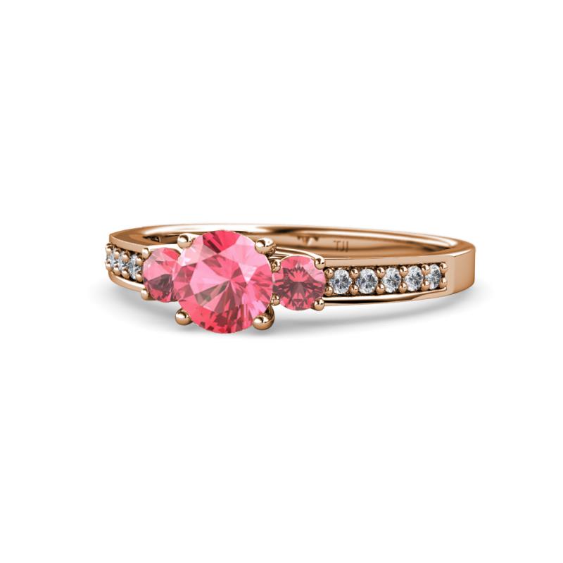 Dzeni Pink Tourmaline Three Stone with Side Diamond Ring 