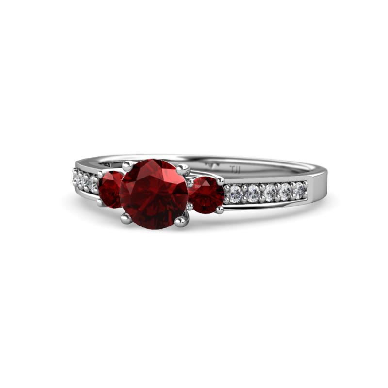Dzeni Red Garnet Three Stone with Side Diamond Ring 