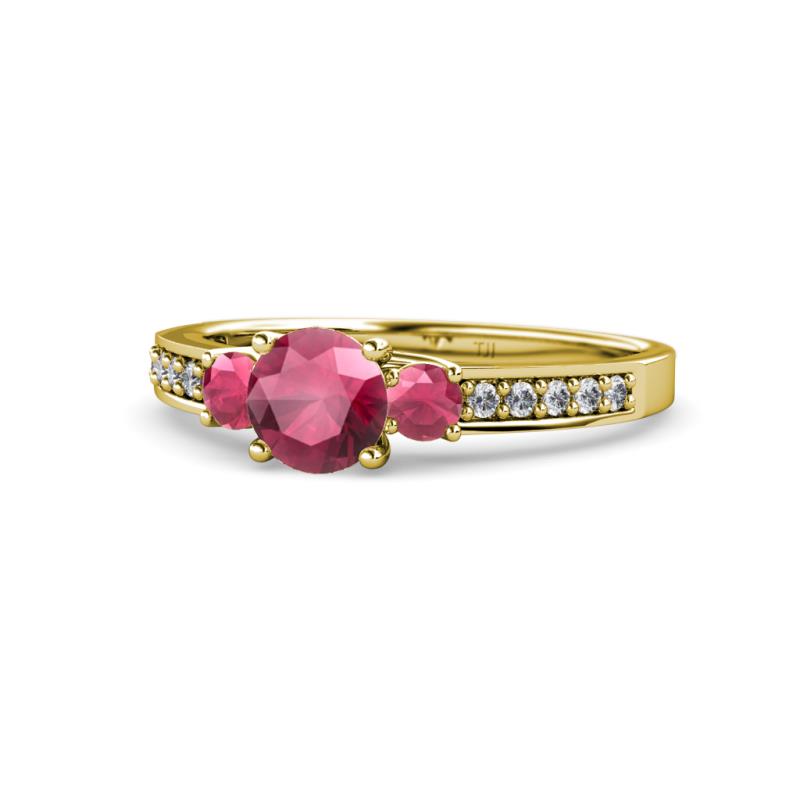 Dzeni Rhodolite Garnet Three Stone with Side Diamond Ring 