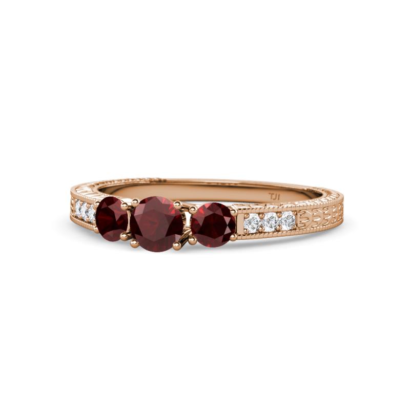 Ayaka Red Garnet Three Stone with Side Diamond Ring 