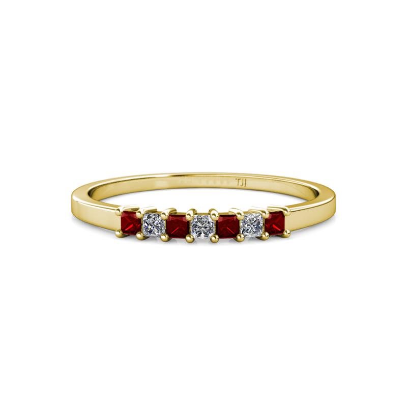 Evia 2.00 mm Princess Cut Red Garnet and Diamond 7 Stone Wedding Band 