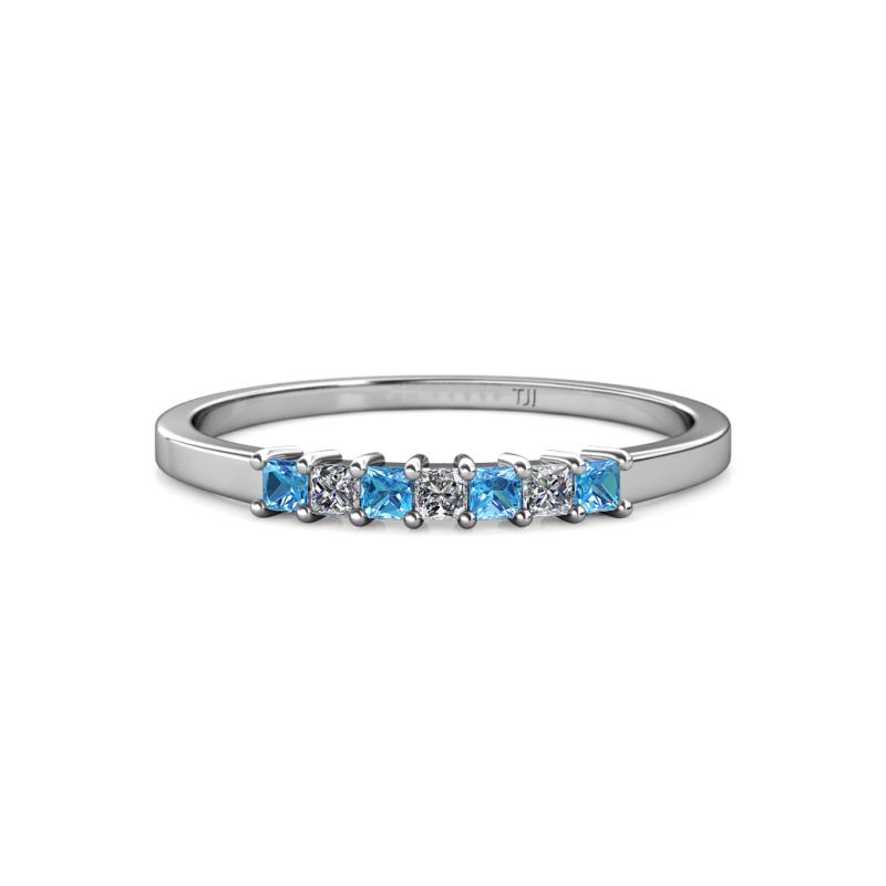 Evia 2.00 mm Princess Cut Blue Topaz and Diamond 7 Stone Wedding Band 