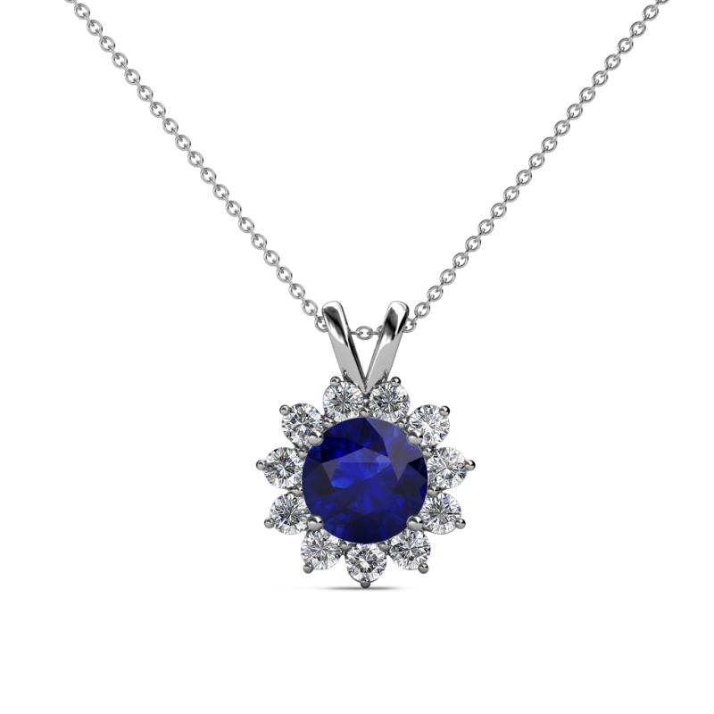 Megan Blue Sapphire and Diamond Floral Halo Pendant 