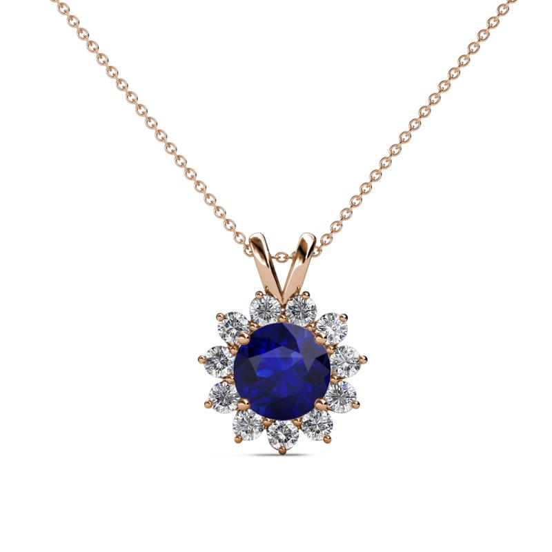 Megan Blue Sapphire and Diamond Floral Halo Pendant 