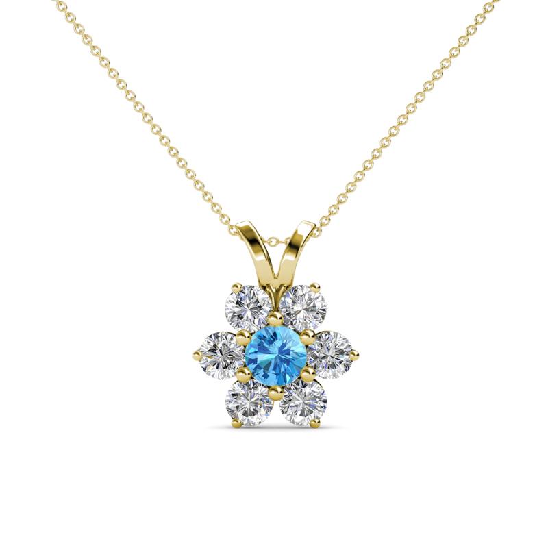 Akina 0.78 ctw (3.80mm) Blue Topaz and Round Natural Diamond Floral Halo Pendant 