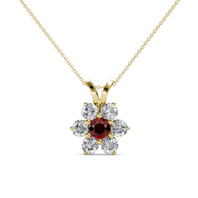 Akina 0.83 ctw (3.80mm) Red Garnet and Round Natural Diamond Floral Halo Pendant 