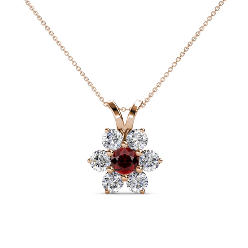 Akina 0.83 ctw (3.80mm) Red Garnet and Round Natural Diamond Floral Halo Pendant 