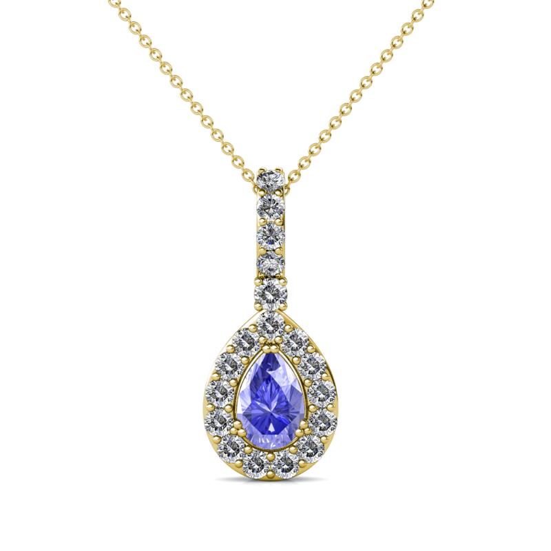 Quy 0.81 ctw (6x4 mm) Pear Shape Tanzanite and Round Natural Diamond Teardrop Halo Pendant 