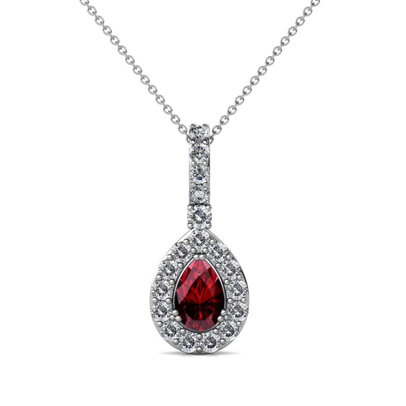 Quy 0.88 ctw (6x4 mm) Pear Shape Ruby and Round Natural Diamond Teardrop Halo Pendant 