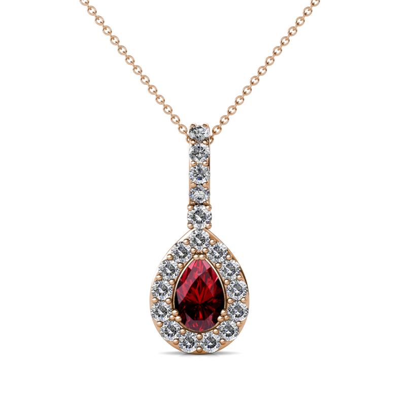Quy 0.88 ctw (6x4 mm) Pear Shape Ruby and Round Natural Diamond Teardrop Halo Pendant 
