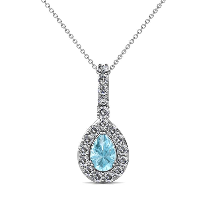Quy 0.71 ctw (6x4 mm) Pear Shape Aquamarine and Round Natural Diamond Teardrop Halo Pendant 