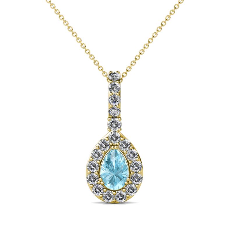 Quy 0.71 ctw (6x4 mm) Pear Shape Aquamarine and Round Natural Diamond Teardrop Halo Pendant 