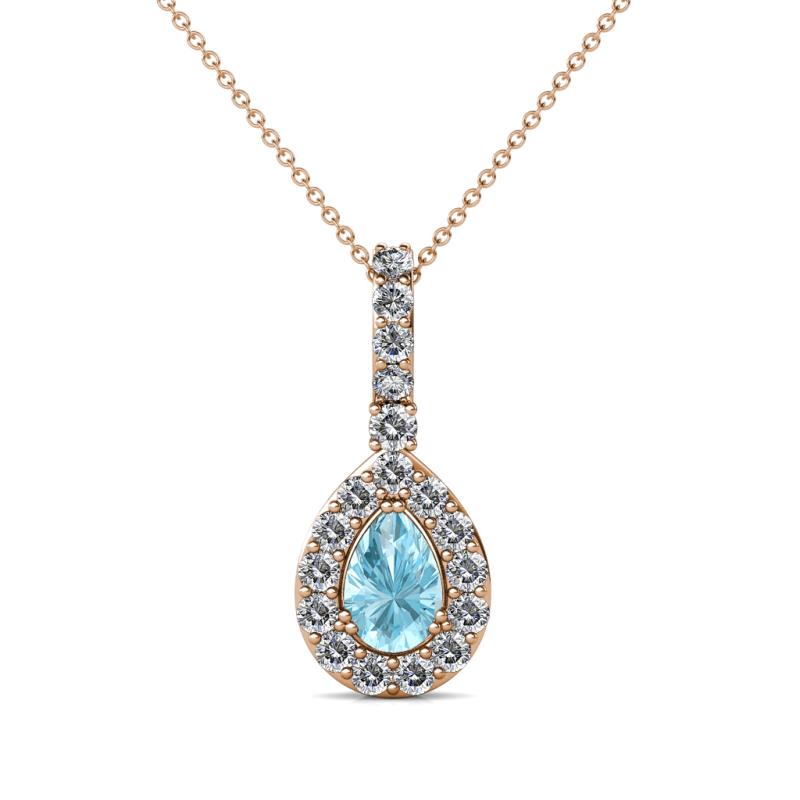 Quy 0.71 ctw (6x4 mm) Pear Shape Aquamarine and Round Natural Diamond Teardrop Halo Pendant 