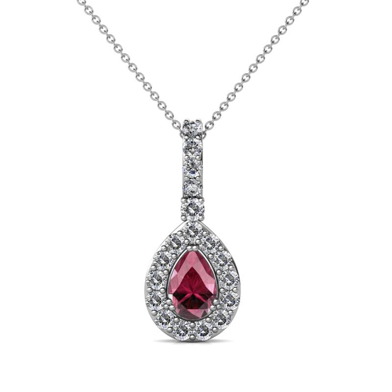 Quy 0.91 ctw (6x4 mm) Pear Shape Rhodolite Garnet and Round Natural Diamond Teardrop Halo Pendant 