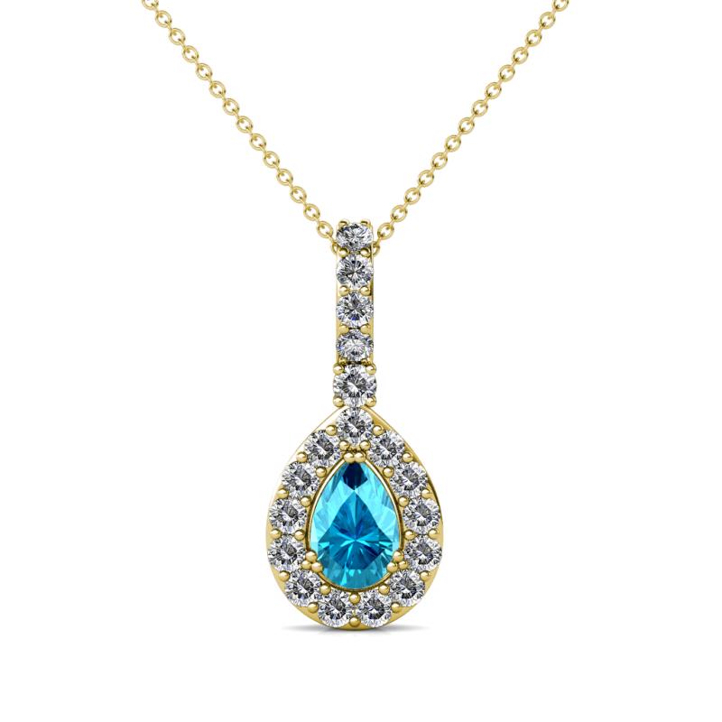Quy 0.86 ctw (6x4 mm) Pear Shape London Blue Topaz and Round Natural Diamond Teardrop Halo Pendant 
