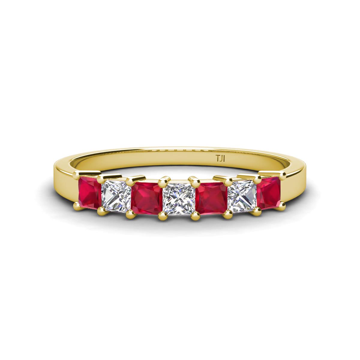 Erica 3.00 mm Princess Cut Ruby and Diamond 7 Stone Wedding Band 