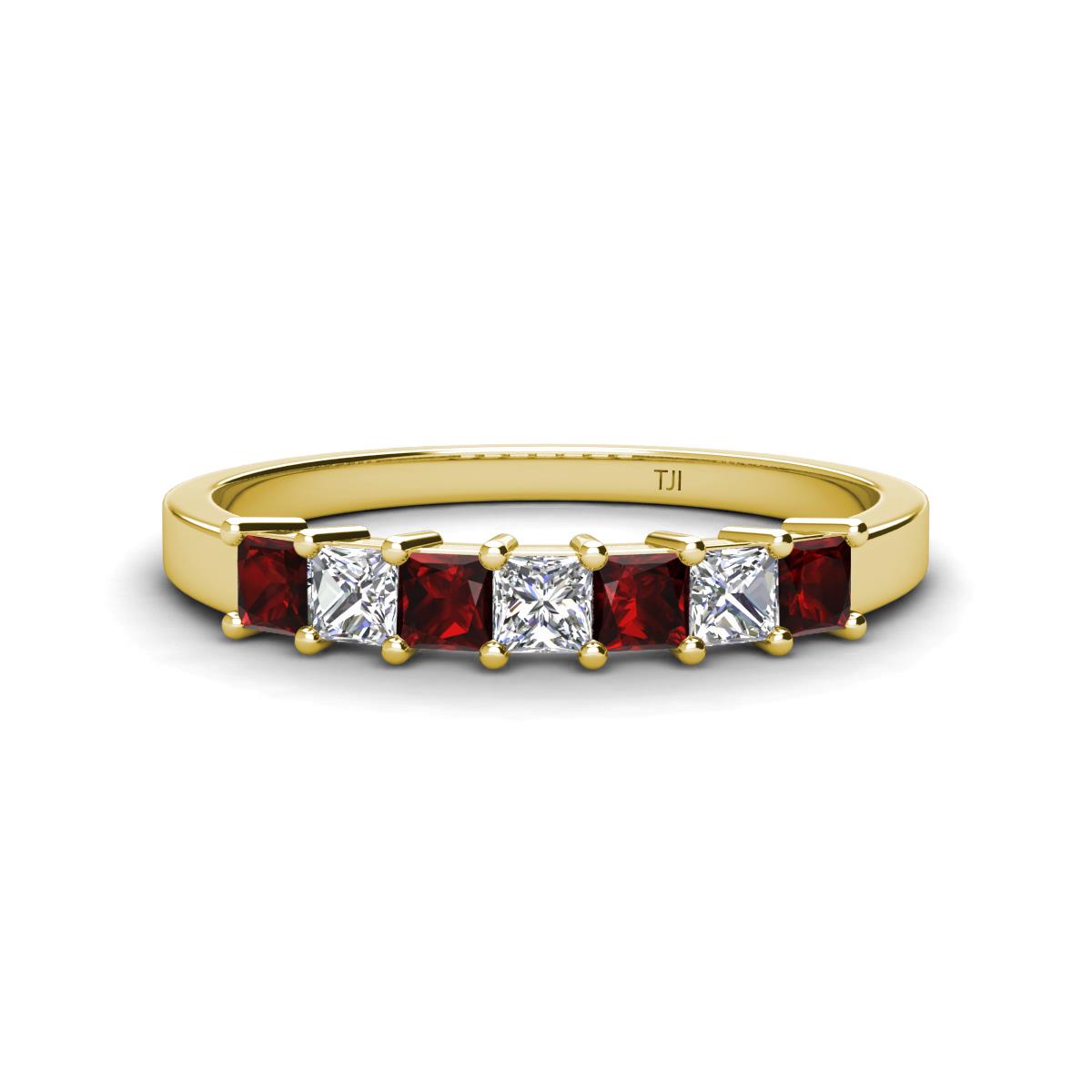 Erica 3.00 mm Princess Cut Red Garnet and Diamond 7 Stone Wedding Band 