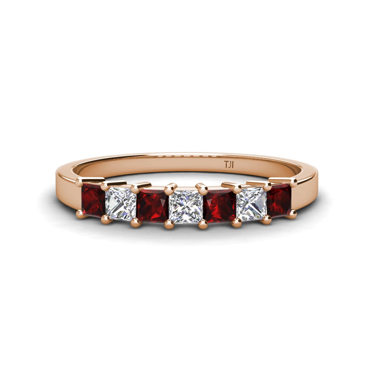 Erica 3.00 mm Princess Cut Red Garnet and Diamond 7 Stone Wedding Band 