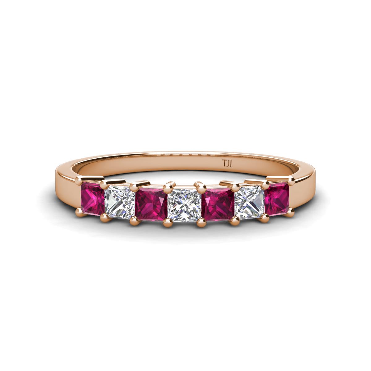 Erica 3.00 mm Princess Cut Rhodolite Garnet and Diamond 7 Stone Wedding Band 